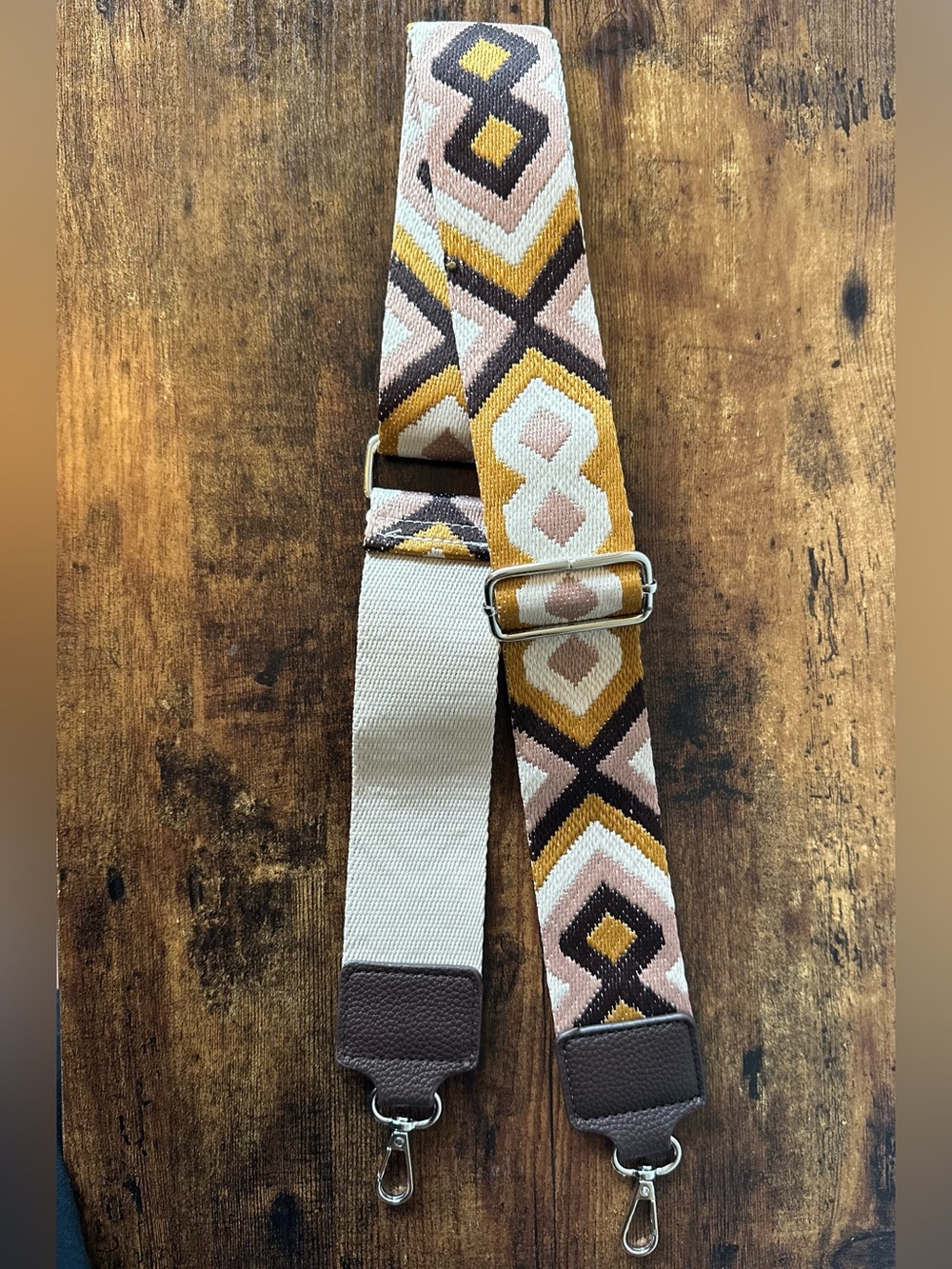 Geometric Guitar Strap Style Crossbody Bag Strap in Brown & Gold Boho NWOT